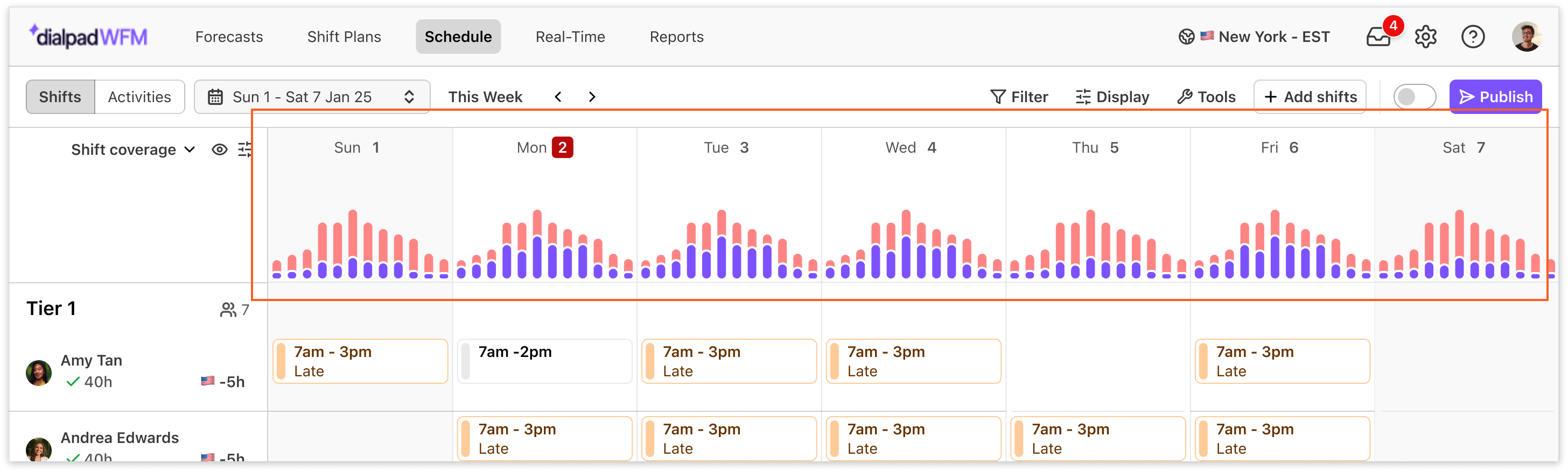 Weekly shift schedule displaying coverage and timings for team members in a graph format.
